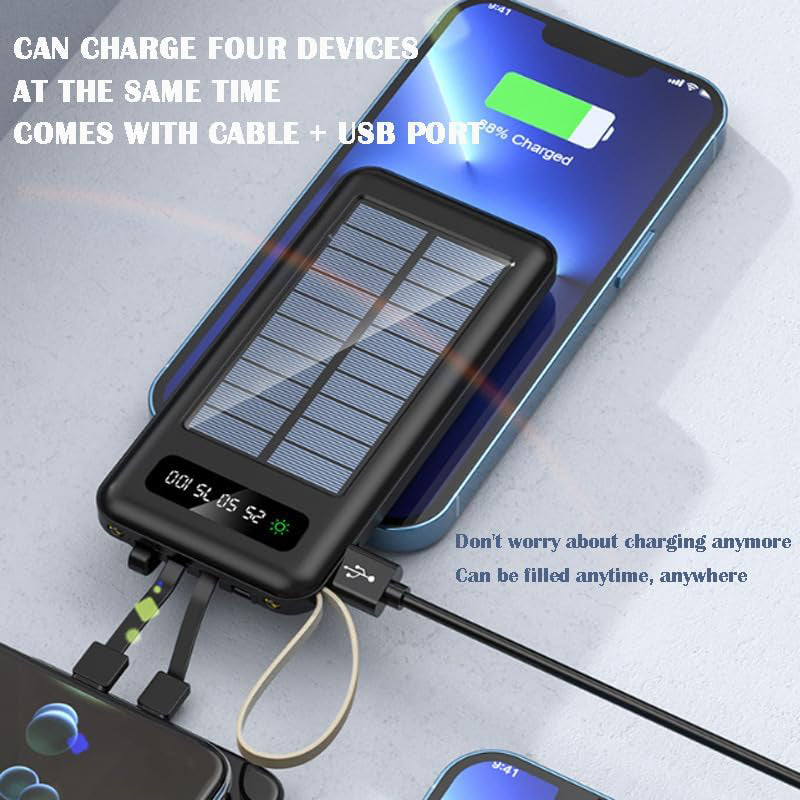 PhoneBits Portable Power Bank 20000mAh, Portable Charger Power Bank with USB-A Port & 4 Detachable Cables (Lightning, Type-C, Micro USB & USB), Fast Charging Power Bank with Dual LED Lights, Digital Power Display, Strap & Solar Panel for Smartphone/iPhone