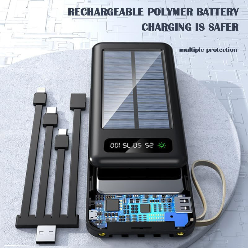 PhoneBits tragbare Powerbank 20000 mAh, tragbare Lade-Powerbank mit USB-A-Anschluss und 4 abnehmbaren Kabeln (Typ C/Micro/Lightning/USB), Schnelllade-Powerbank mit zwei LED-Leuchten, digitaler Ladestandsanzeige, Gurt und Solarpanel für Smartphone/iPhone