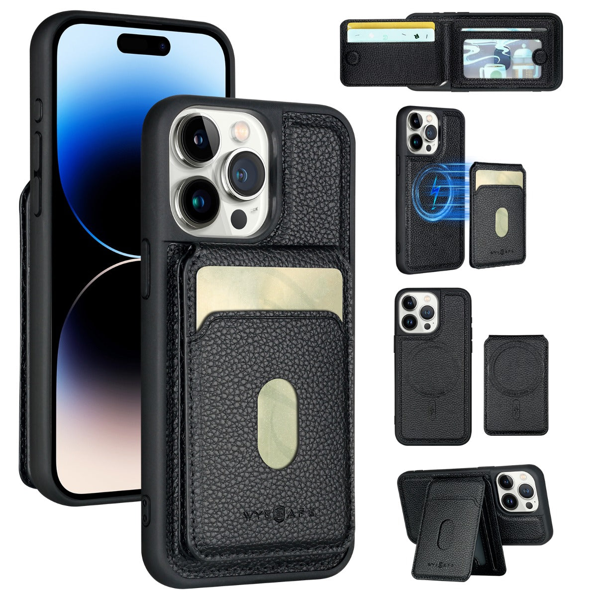 PhoneBits Leather Wallet MagSafe Case with Detachable Kickstand Card Holder for iPhone, Protective Shockproof iPhone Case Compatible with MagSafe Chargers, Magnetic Wireless Charging Mobile Phone Case Cover