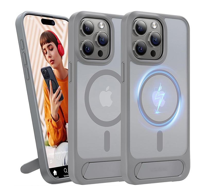 iPhone 15 Pro Case, iPhone 15 Case, iPhone 14 Case, iPhone 13 Case, MagSafe Case with Holder & Chromed Camera Edge for iPhone, Shockproof iPhone Case Compatible with MagSafe Chargers, Magnetic Wireless Charging Mobile Phone Case with Stand