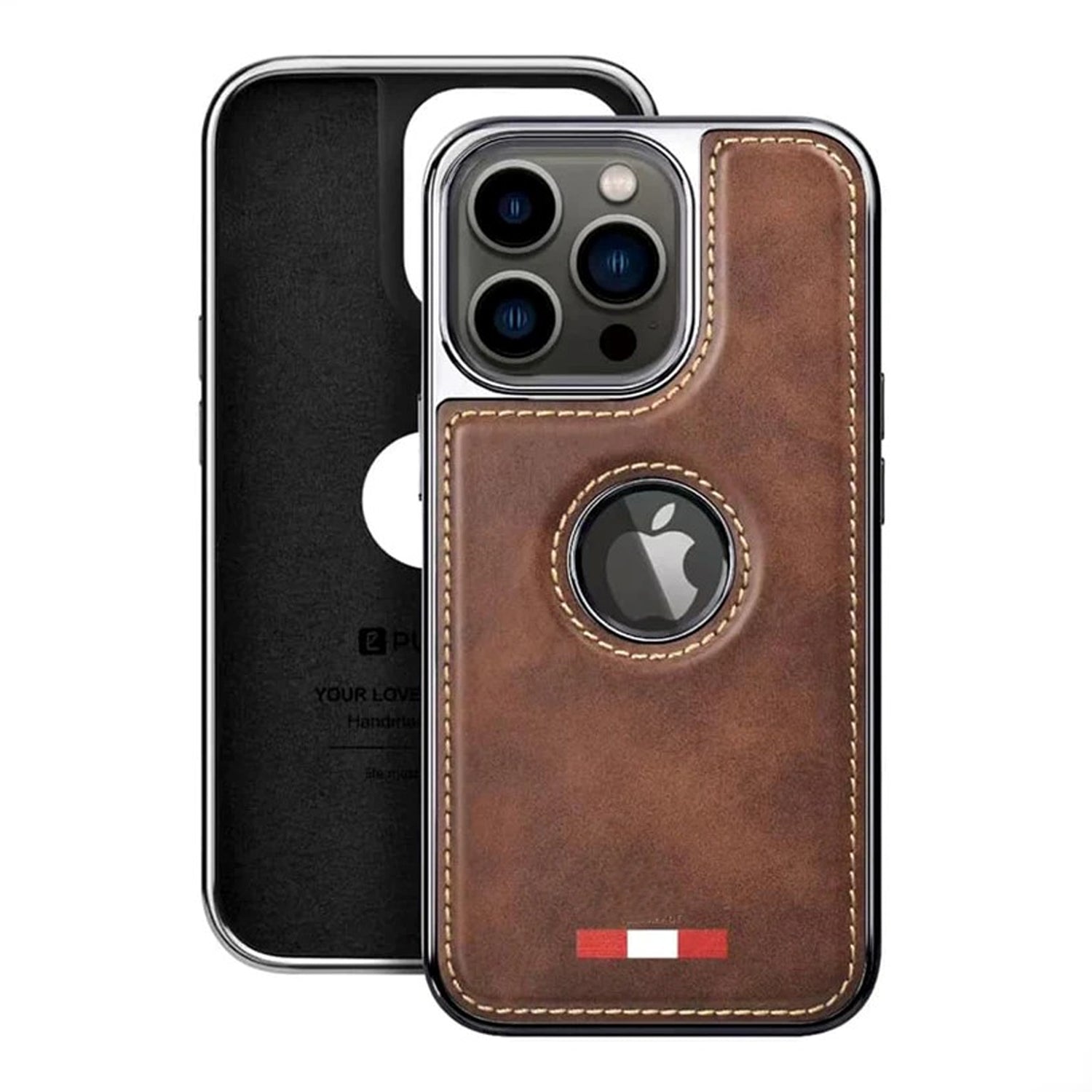 PhoneBits Premium Slim Vegan PU Leather Case for iPhone with Logo Hole & Chromed Camera Edge, Protective Shockproof iPhone Leather Case Compatible with iPhone, Mobile Phone Case, Back Leather iPhone Case Cover