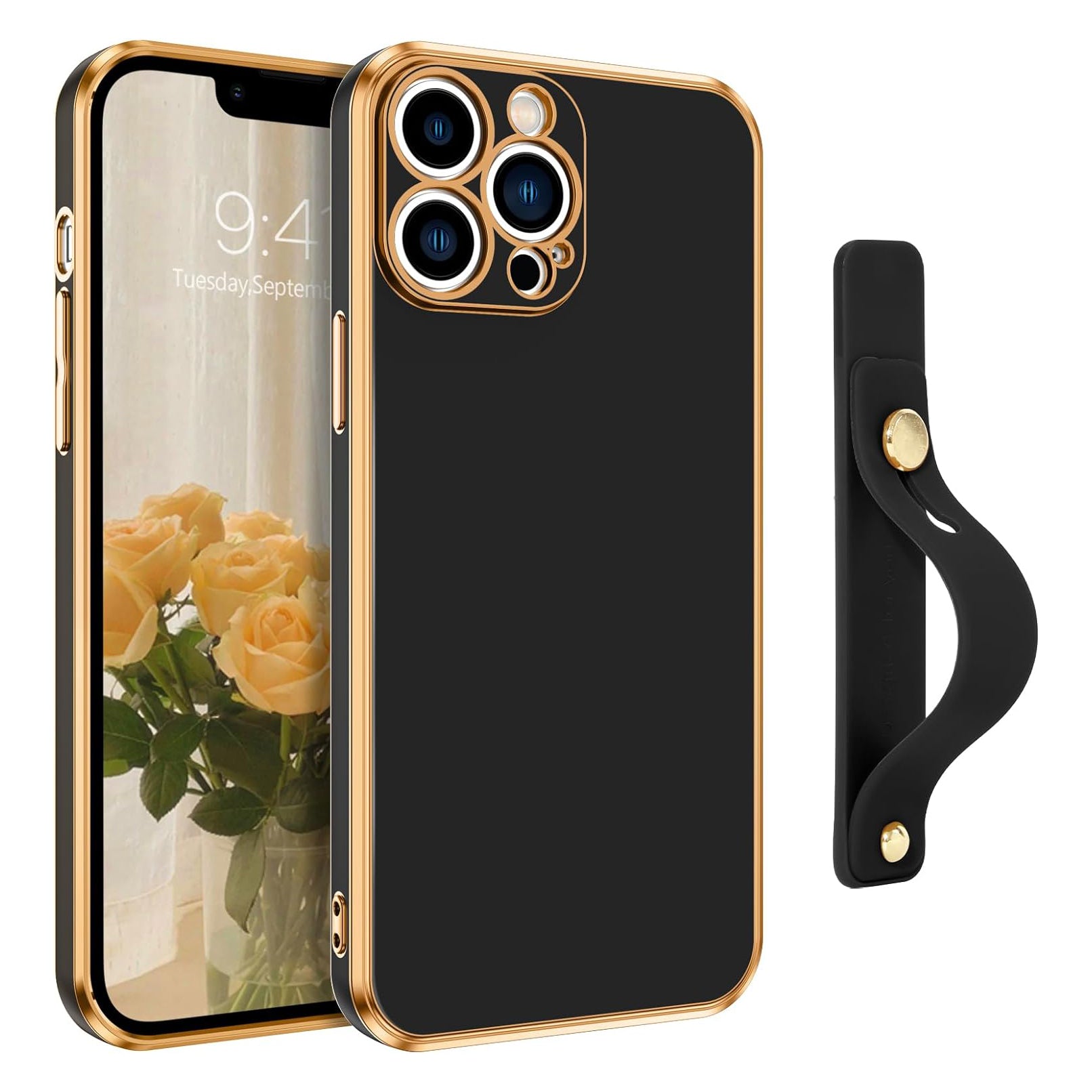 PhoneBits Luxury Soft Silicone Magnetic iPhone Case with Holder & Camera Lens Protection, Protective Shockproof iPhone Case with Wristband Stand Compatible with Wireless Charging, Magnetic Mobile Phone Holder Case, Back Phone Case Cover