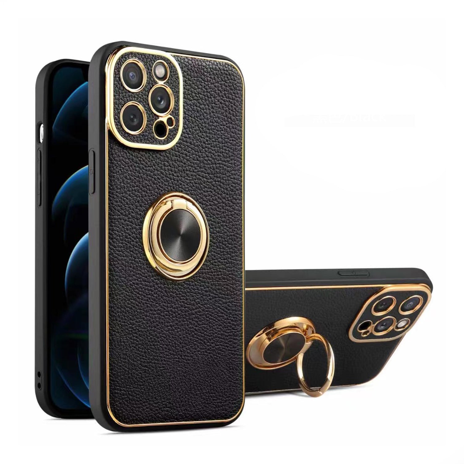 PhoneBits Luxury PU Leather Magnetic iPhone Case with Holder & Camera Lens Protection, Protective Shockproof iPhone Ring Holder Case Compatible with Magnetic Car Mount, Mobile Phone Case with Stand, Back iPhone Holder Case Cover