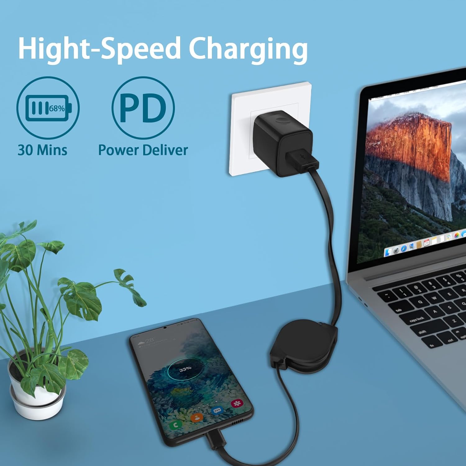 Budi USB C to Lightning Charger Retractable Cable, PD Type C to Lightning Cable, Fast Phone Charging & Data Cable, USB C to iPhone Charging Adapter Cable, USB C to Lightning Charger Cord & Data Sync Cable for iPhone