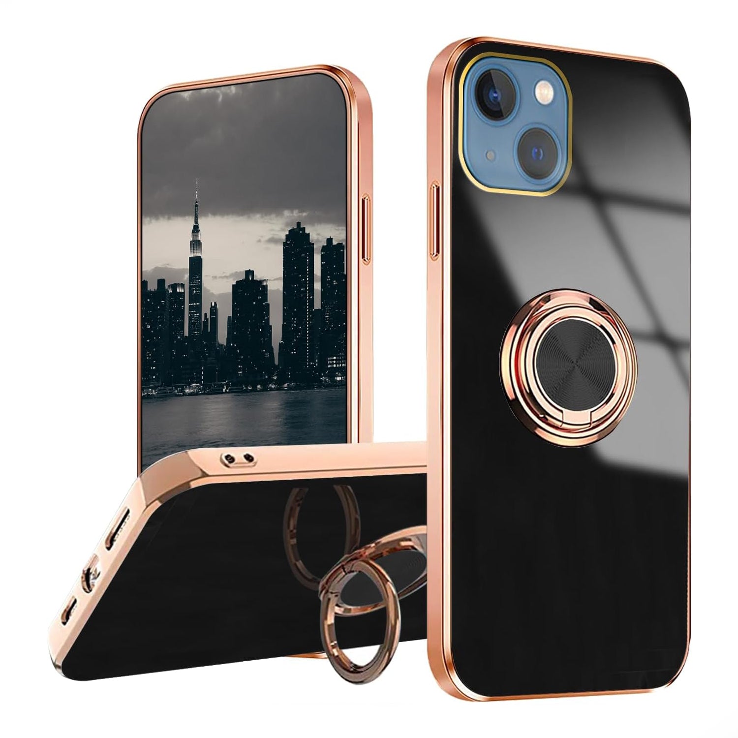 PhoneBits Luxury Soft Silicone Magnetic iPhone Case with Ring Holder & Gold Plated Camera/ Screen Edges, TPU Protective Shockproof iPhone Ring Holder Case Compatible with Magnetic Car Mount, Mobile Phone Case with Stand, Back iPhone Holder Case Cover