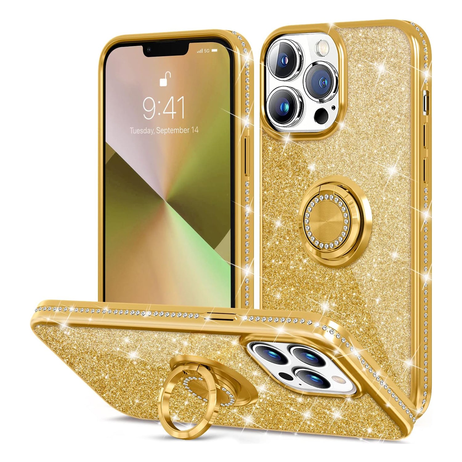 PhoneBits Slim Shiny Diamond Beaded iPhone Case with Ring Holder & Chromed Camera Edge, Protective Shockproof iPhone Ring Holder Case Compatible with iPhone, Mobile Phone Case with Stand for iPhone, Back iPhone Holder Case Cover with Kickstand Ring