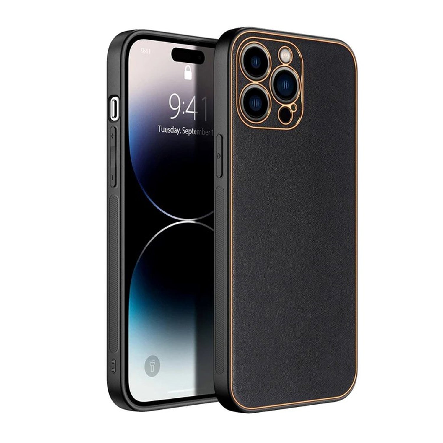 PhoneBits Luxury Slim PU Leather Magnetic Case for iPhone with Camera Lens Protection & Gold Electroplated Edges, Protective Shockproof iPhone Case Compatible with iPhone, Magnetic Wireless Charging Mobile Phone Leather Case, Back iPhone Case Cover