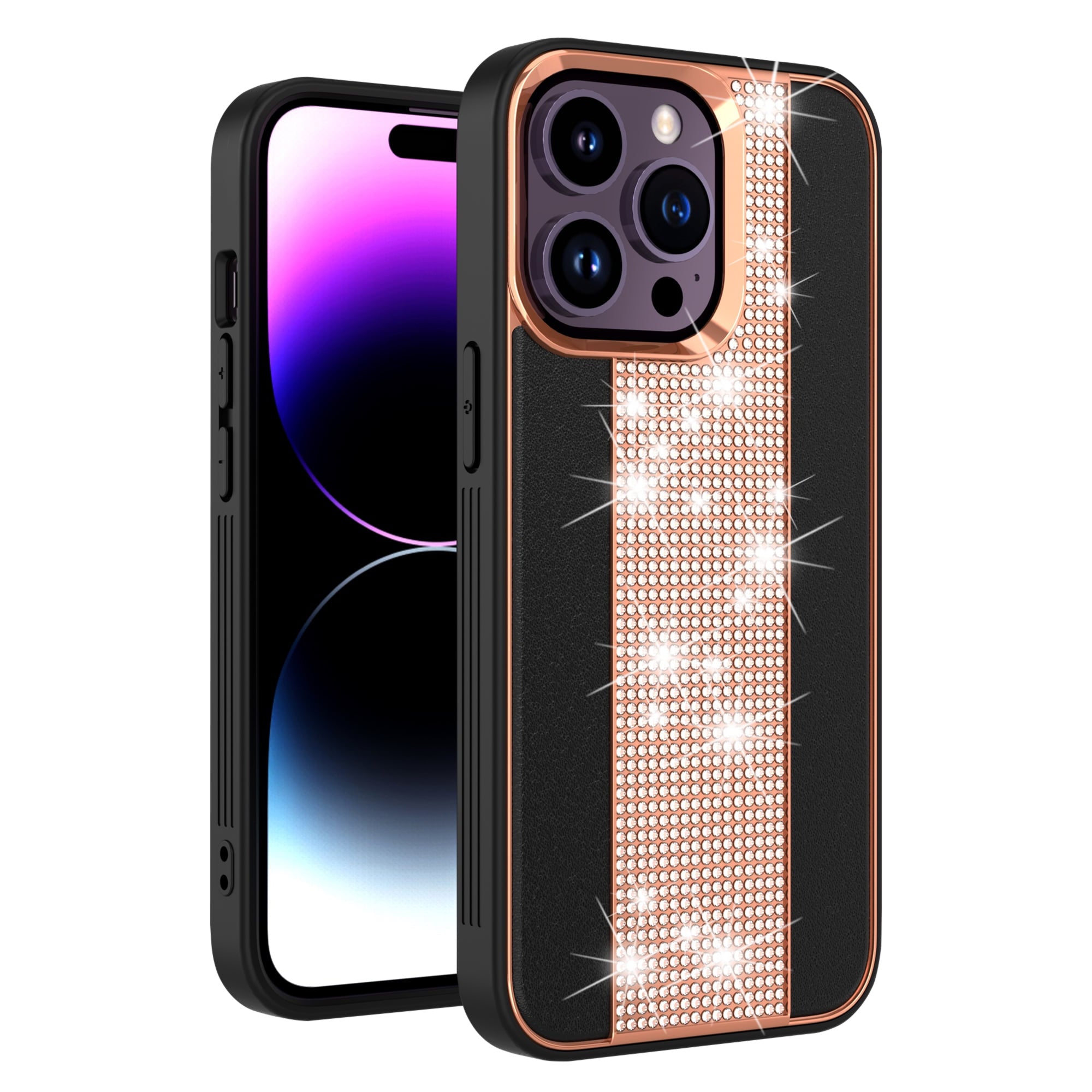 PhoneBits Leather iPhone Case with Flashy Diamond Back Strip & Camera Chromed Edge, Shockproof Back Phone Cover Compatible with iPhone, Protective Mobile Phone Case Cover