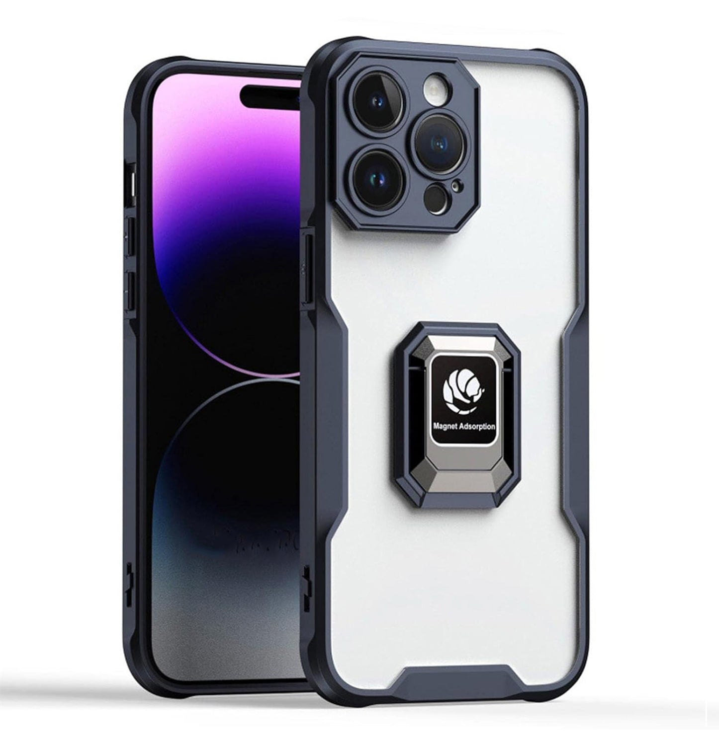 PhoneBits Ultra-Protective Transparent Magnetic iPhone Case with Holder & Camera Lens Protection, Shockproof Crystal-Clear iPhone Ring Holder Case Compatible with Magnetic Car Mount, Mobile Phone Case with Stand, Back iPhone Holder Clear Case Cover