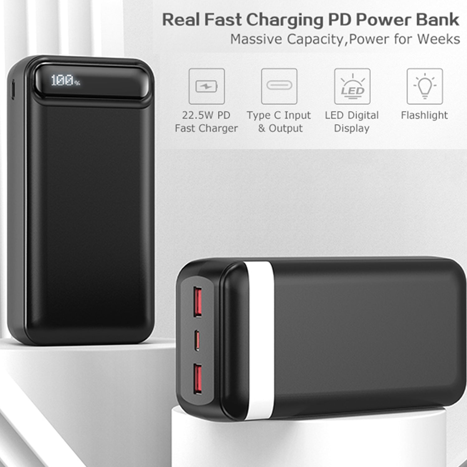 PhoneBits Tragbare Powerbank 50000 mAh, Tragbare Lade-Powerbank mit LED-Ladestandsanzeige und Halteschlaufe, Schnelllade-Powerbank mit mehreren USB-Anschlüssen USB C/ Dual USB A/ Micro für Smartphone/iPhone