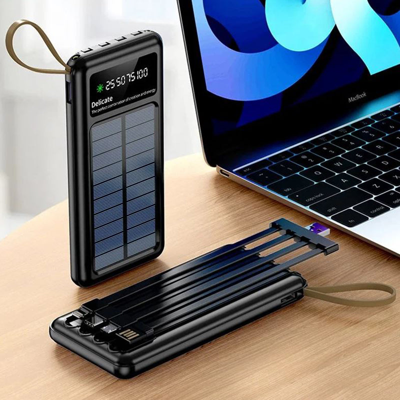 PhoneBits tragbare Powerbank 20000 mAh, tragbare Lade-Powerbank mit USB-A-Anschluss und 4 abnehmbaren Kabeln (Typ C/Micro/Lightning/USB), Schnelllade-Powerbank mit zwei LED-Leuchten, digitaler Ladestandsanzeige, Gurt und Solarpanel für Smartphone/iPhone