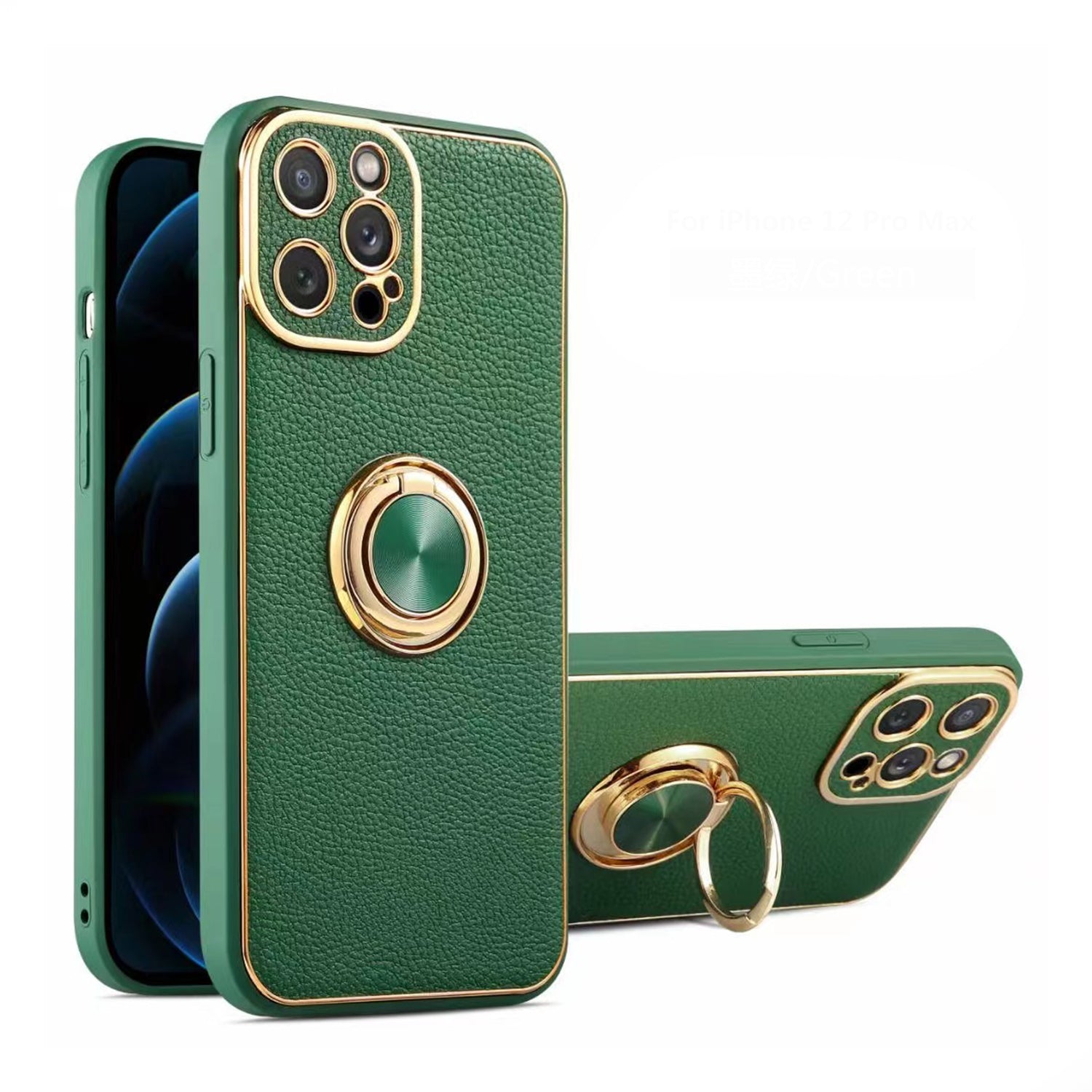 PhoneBits Luxury PU Leather Magnetic iPhone Case with Holder & Camera Lens Protection, Protective Shockproof iPhone Ring Holder Case Compatible with Magnetic Car Mount, Mobile Phone Case with Stand, Back iPhone Holder Case Cover