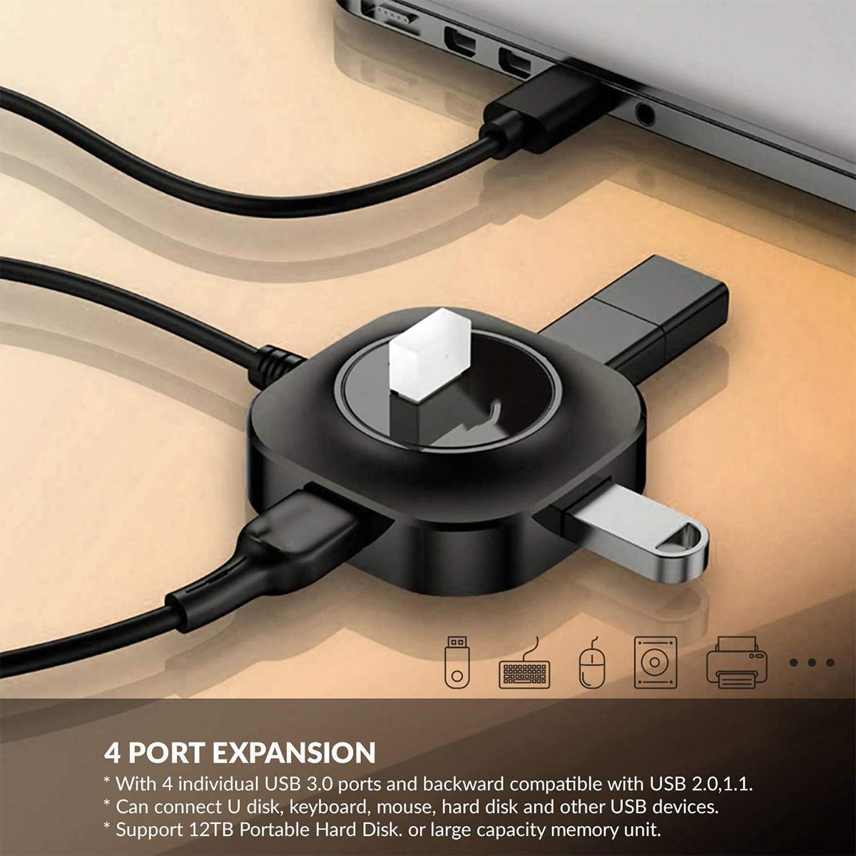 PhoneBits 4-in-1 USB-A-Hub, USB-A-Multiport-Hub, USB-A-Hub-Multiport-Adapter, USB-A-Hub