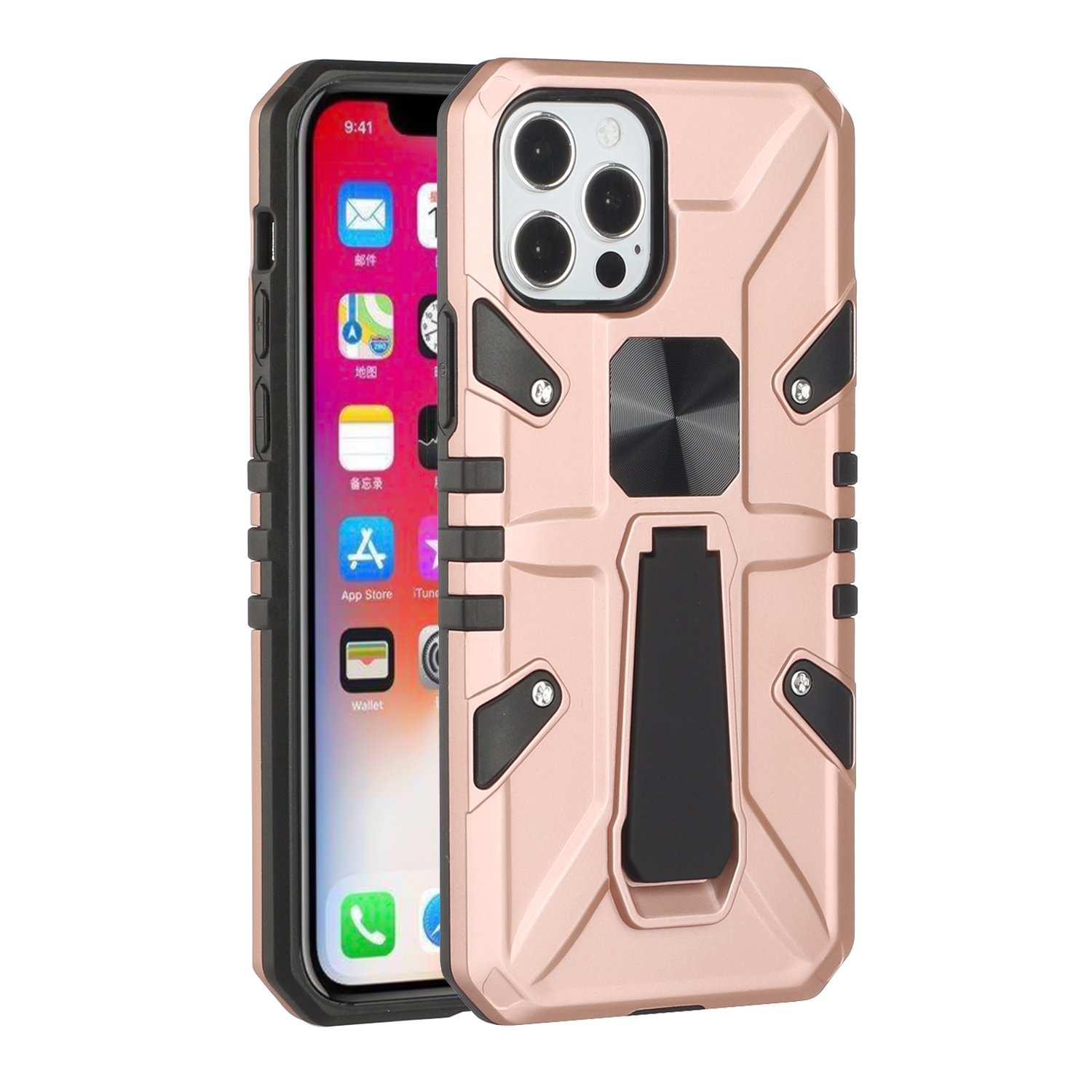 PhoneBits Ultra Protective Hybrid Magnetic iPhone Case with Holder & Chromed Camera Edge, Shockproof iPhone Holder Case Compatible with iPhone Magnetic Car Mount, Magnetic Mobile Phone Case for iPhone with Foldable Stand, Back iPhone Holder Case Cover