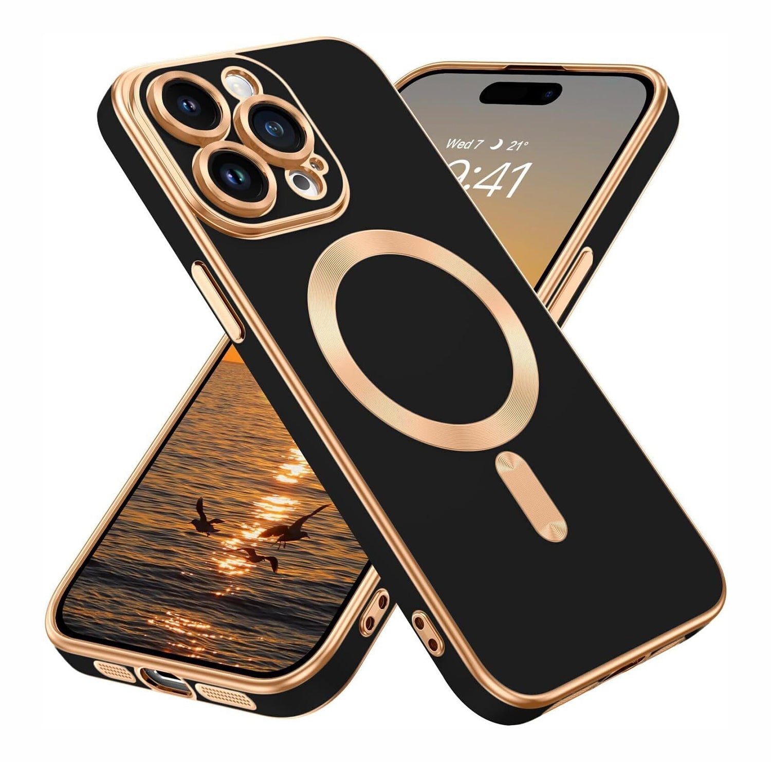 PhoneBits Luxury Soft TPU MagSafe iPhone Case with Golden Electroplating Edges, Buttons & Camera Lens Protection, Protective Shockproof iPhone Case Compatible with iPhone Wireless Charging, Magnetic Mobile Phone Case for iPhone, iPhone Back Case Cover