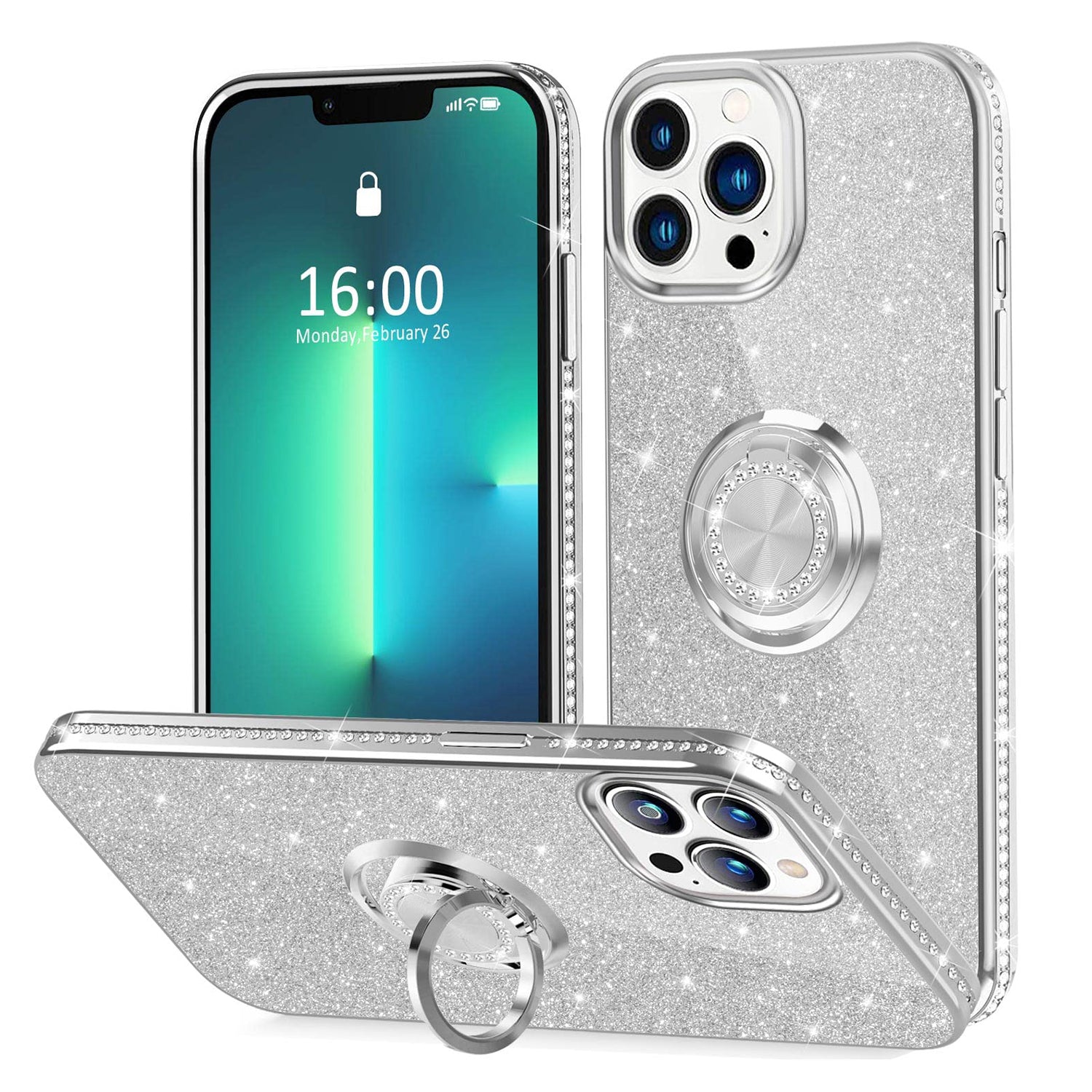 PhoneBits Slim Shiny Diamond Beaded iPhone Case with Ring Holder & Chromed Camera Edge, Protective Shockproof iPhone Ring Holder Case Compatible with iPhone, Mobile Phone Case with Stand for iPhone, Back iPhone Holder Case Cover with Kickstand Ring