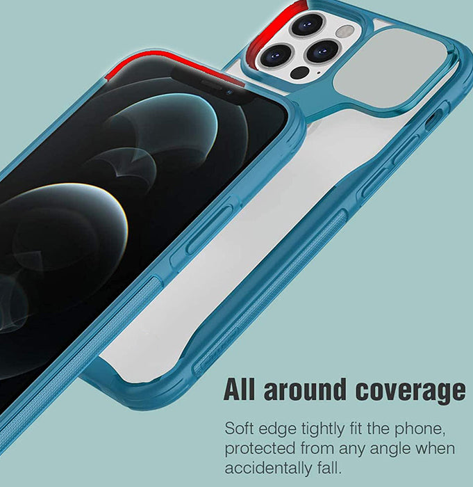 PhoneBits Protective Clear PC & TPU iPhone Case with Sliding Metal Camera Lens Mirror Cover & Holder, Transparent Shockproof iPhone Case Compatible with iPhone, Mobile Phone Case for iPhone with Camera Stand, Back iPhone Case Cover with Colorful Edges