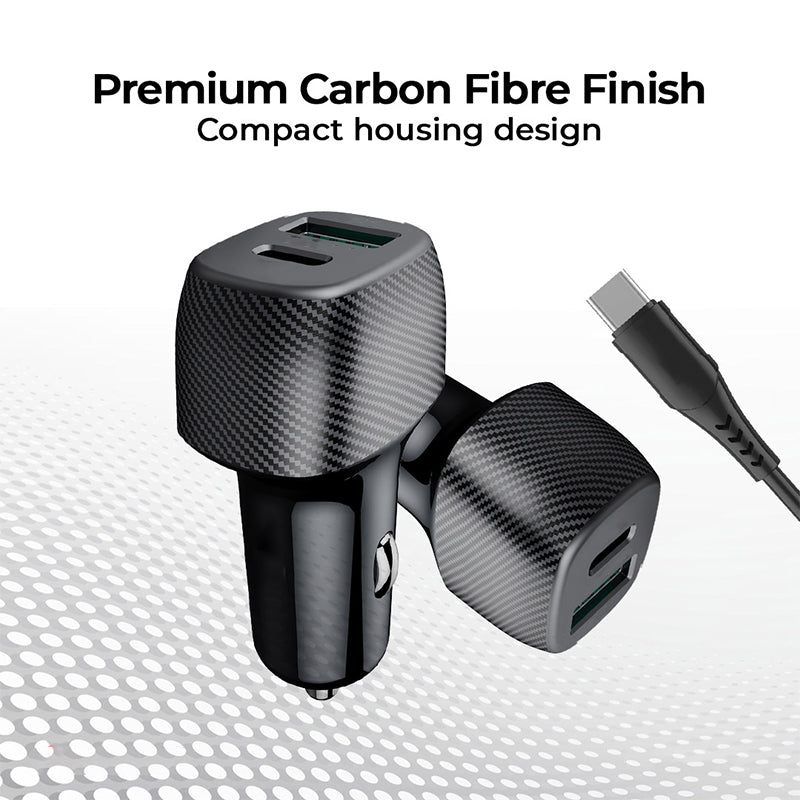 30W Fiber Carbon Design In-Car Charger With USB-A and USB-C Ports