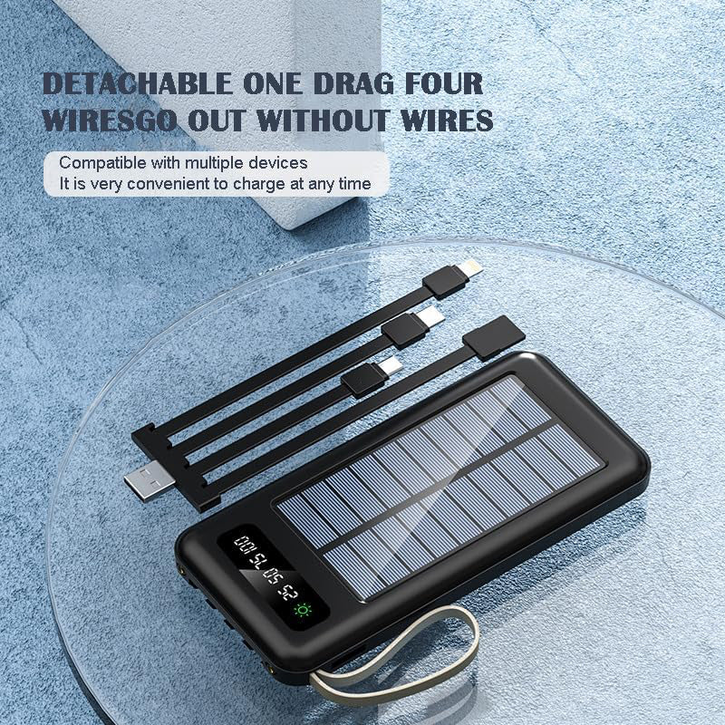 PhoneBits Portable Power Bank 20000mAh, Portable Charger Power Bank with USB-A Port & 4 Detachable Cables (Lightning, Type-C, Micro USB & USB), Fast Charging Power Bank with Dual LED Lights, Digital Power Display, Strap & Solar Panel for Smartphone/iPhone