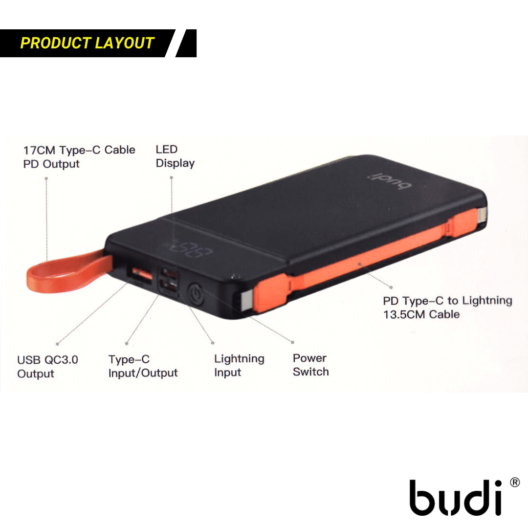 Budi Portable Power Bank 10000mAh, Portable Charger Power Bank with Built In PD Type C Cable & 3 USB Ports (Type C, USB A, Lightning), Fast Charging Power Bank with LED Power Indicator, Power Switch & PD Type C to Lightning Cable for iPhone/ Smartphones