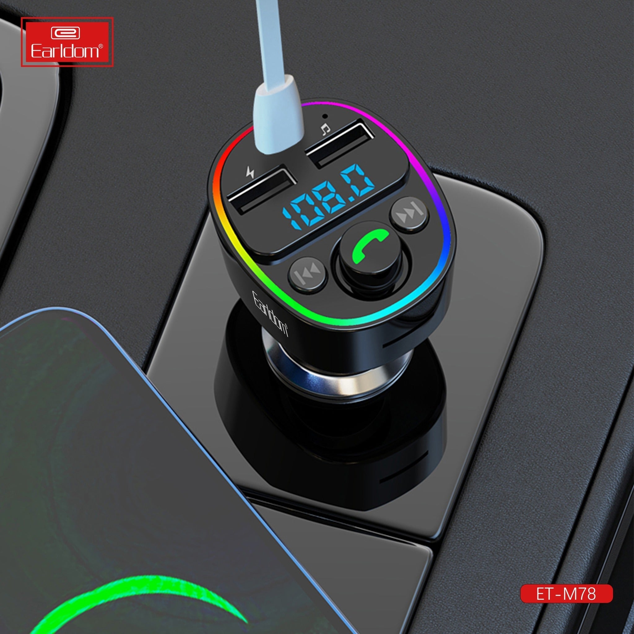 Earldom FM Transmitter & Car Charger, USB Fast Charging Wireless Car Charger with USB-C/USB-A Charging Ports, FM Bluetooth Car Transmitter with MP3 USB & TF Card Ports, Phone Car Adapter with Next/Previous/End Call/Lights Buttons, Mic & Digital Display