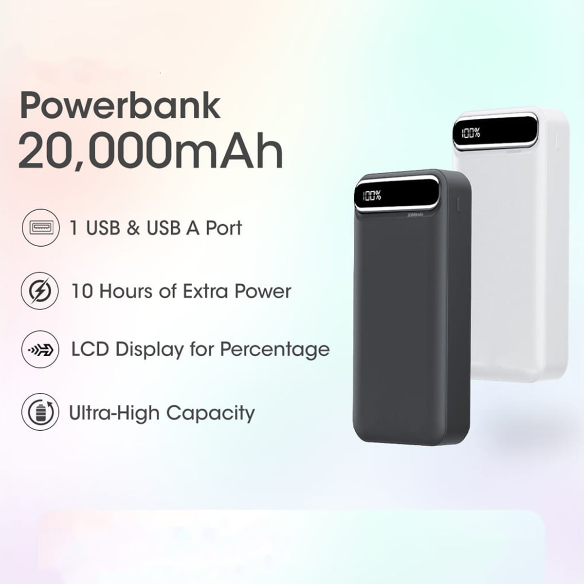 PhoneBits Portable Power Bank 20000mAh, Portable Charger Power Bank with Type-C/Dual USB-A Ports, Fast Charging USB Power Bank with Digital LED Power Display for iPhone/Smartphone