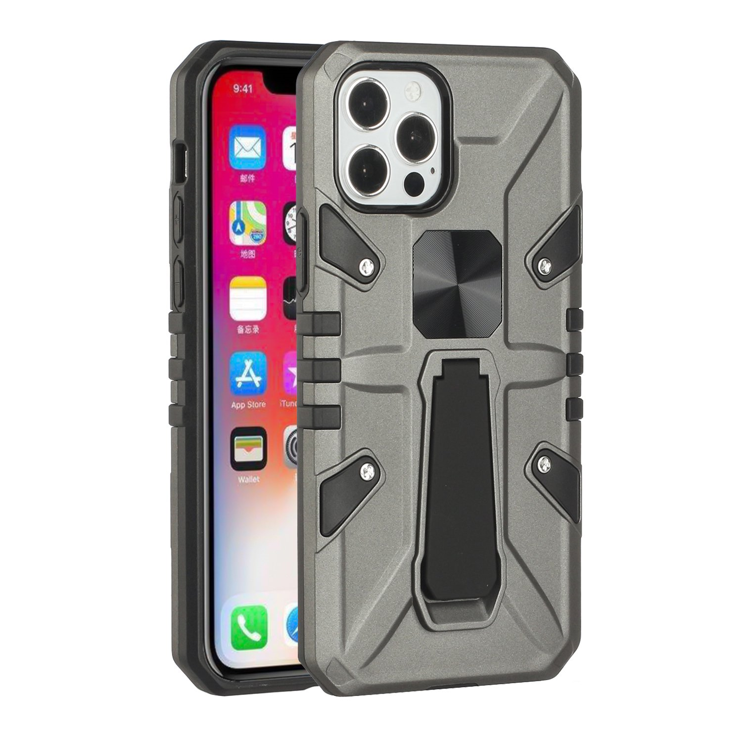 PhoneBits Ultra Protective Hybrid Magnetic iPhone Case with Holder & Chromed Camera Edge, Shockproof iPhone Holder Case Compatible with iPhone Magnetic Car Mount, Magnetic Mobile Phone Case for iPhone with Foldable Stand, Back iPhone Holder Case Cover