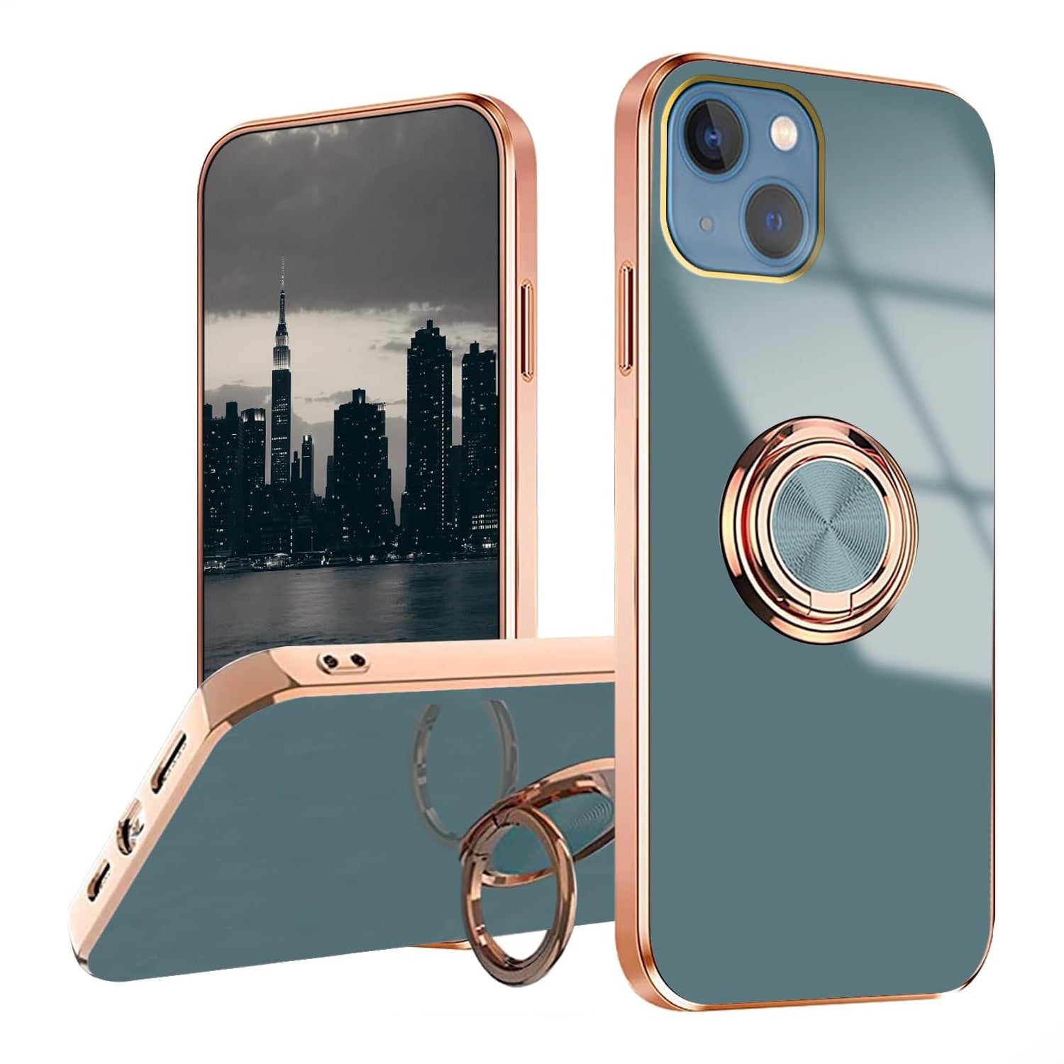 PhoneBits Luxury Soft Silicone Magnetic iPhone Case with Ring Holder & Gold Plated Camera/ Screen Edges, TPU Protective Shockproof iPhone Ring Holder Case Compatible with Magnetic Car Mount, Mobile Phone Case with Stand, Back iPhone Holder Case Cover