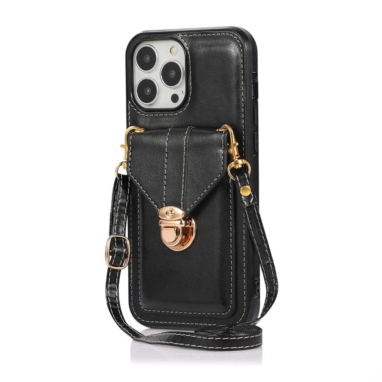 PhoneBits Protective Slim PU Leather Wallet Case for iPhone with Card Holder & Lanyard Crossbody Strap, Shockproof iPhone Case with Wallet Stand Compatible with iPhone, Mobile Phone Card Holder Wallet Case with Magnetic Buckle, Back Phone Case Cover