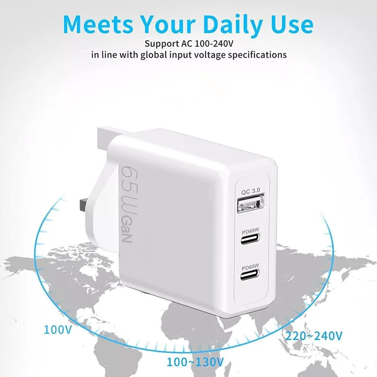 PhoneBits 3 USB Ports GaN Technology Phone Charger Adapter, Single QC3.0 USB-A & Dual PD 65W USB-C Ports Power Charger Plug, 3 Pin Fast Charging Charger Adapter, USB Wall Charger Plug, USB-A & Dual USB-C Power Wall Adapter Fast Charger