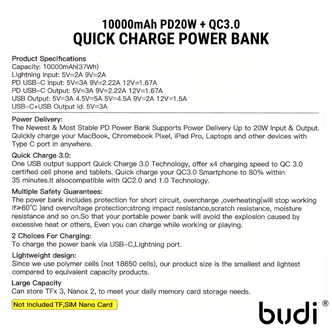 Budi Tragbare Powerbank 10000 mAh, tragbare Lade-Powerbank mit 3 USB-Anschlüssen (Lightning, Typ C, USB A) und PD-Typ-C-Kabel, PD-Schnelllade-Powerbank mit faltbarer Multifunktionsbox, Ständer, Schlüssel und LED-Ladeanzeige für iPhone/Smartphone