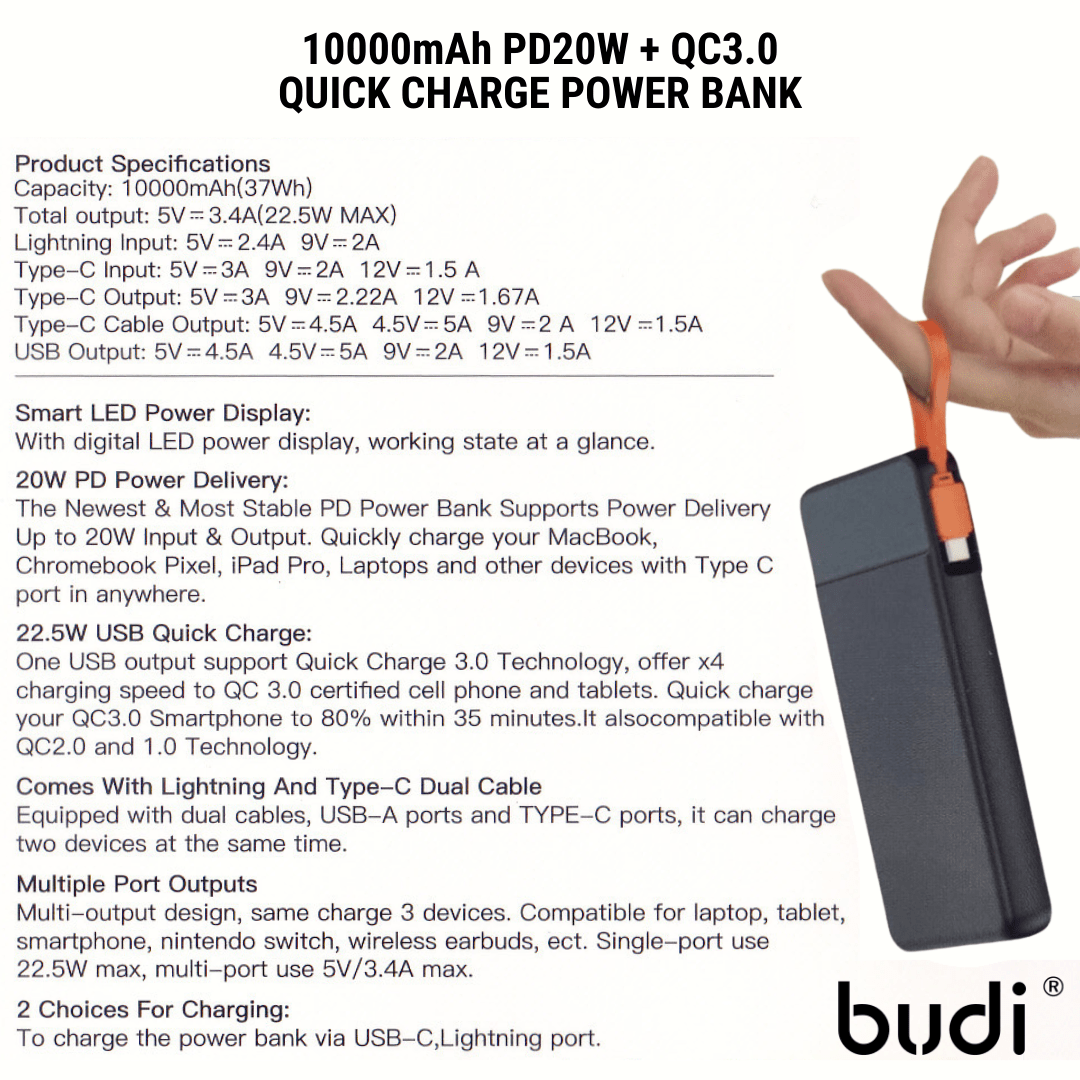 Budi Portable Power Bank 10000mAh, Portable Charger Power Bank with Built In PD Type C Cable & 3 USB Ports (Type C, USB A, Lightning), Fast Charging Power Bank with LED Power Indicator, Power Switch & PD Type C to Lightning Cable for iPhone/ Smartphones