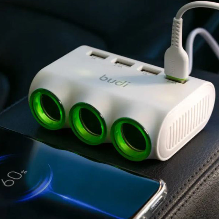 Budi Universelles Autoladegerät mit 4 USB-A-Anschlüssen, 3 Zigarettenanzünderbuchsen, Kabel und LED-Ringanzeige, Schnelllade-Telefonladegerät