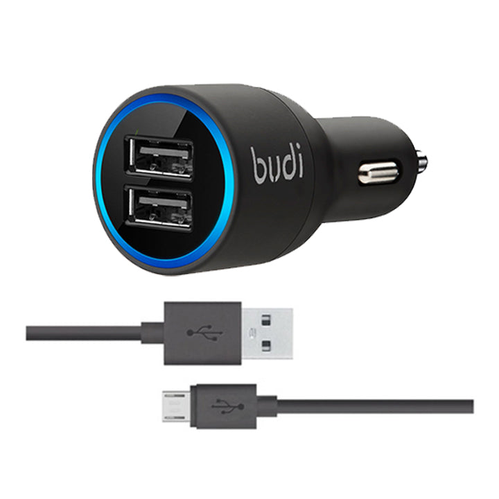 Budi 2 USB Port Car Charger with Cable, In Car Charger