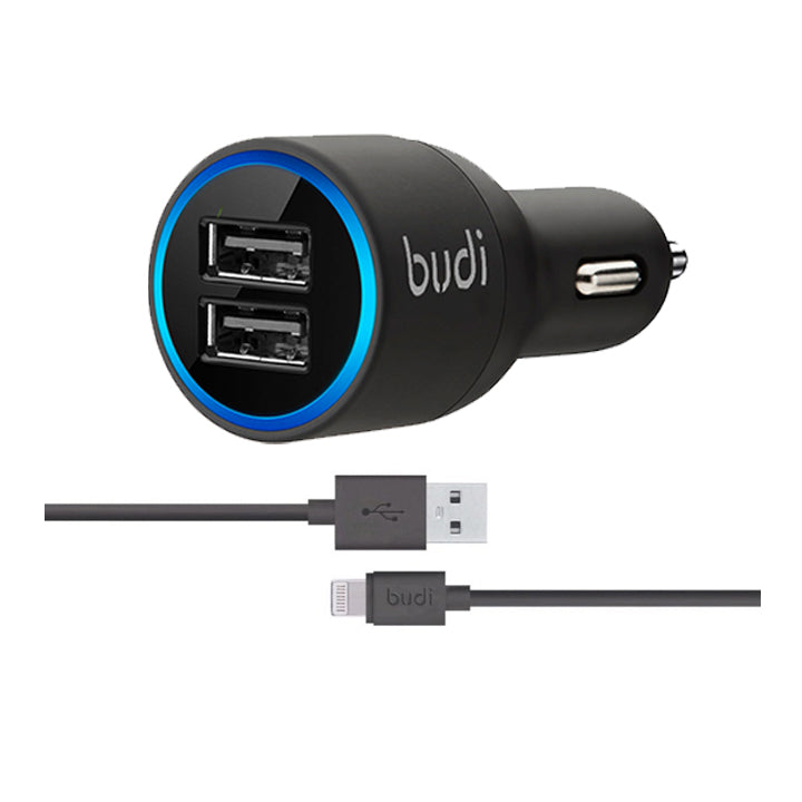 Budi 2 USB Port Car Charger with Cable, In Car Charger
