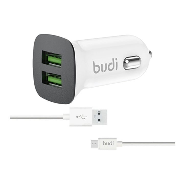 Budi USB Car Charger, Dual USB-A Ports In Car Charger Socket, Fast Charging Car Phone Charger with Micro USB/Lightning/USB-C Cables & LED Indicator, Power Cable Car Charger Adapter for Cigarette Lighter Socket