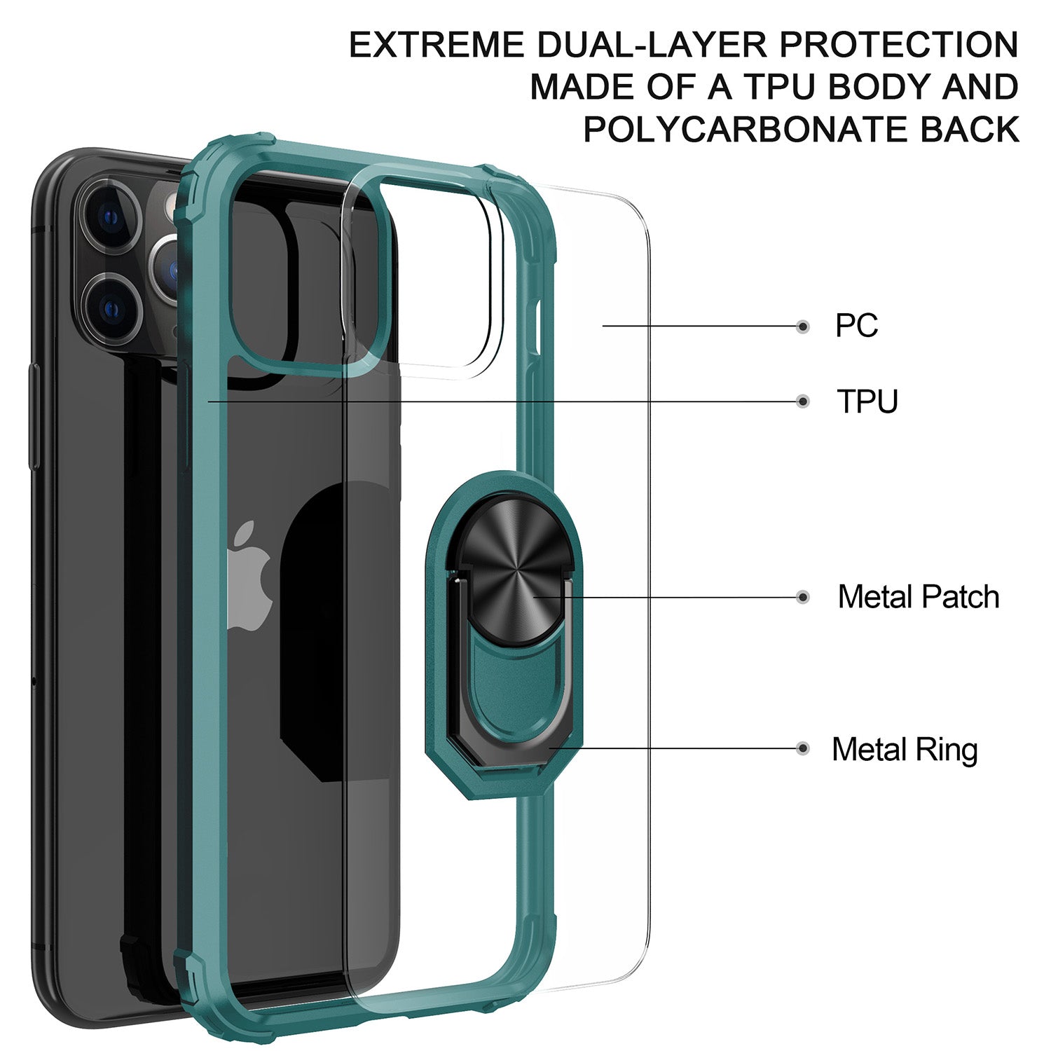 Heavy-Duty Transparent Magnetic Case with Rotatable Metal Ring for iPhone