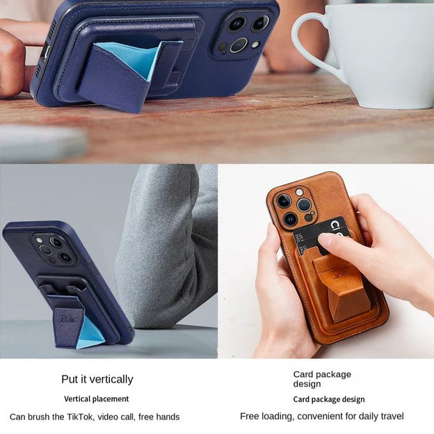 PhoneBits Leather & Silicone Wallet Case with Card Holder and Fold-out Stand for iPhone, Compatible with iPhone, Protective Shockproof iPhone Case, Magnetic Car Mount Mobile Phone Back Case Cover