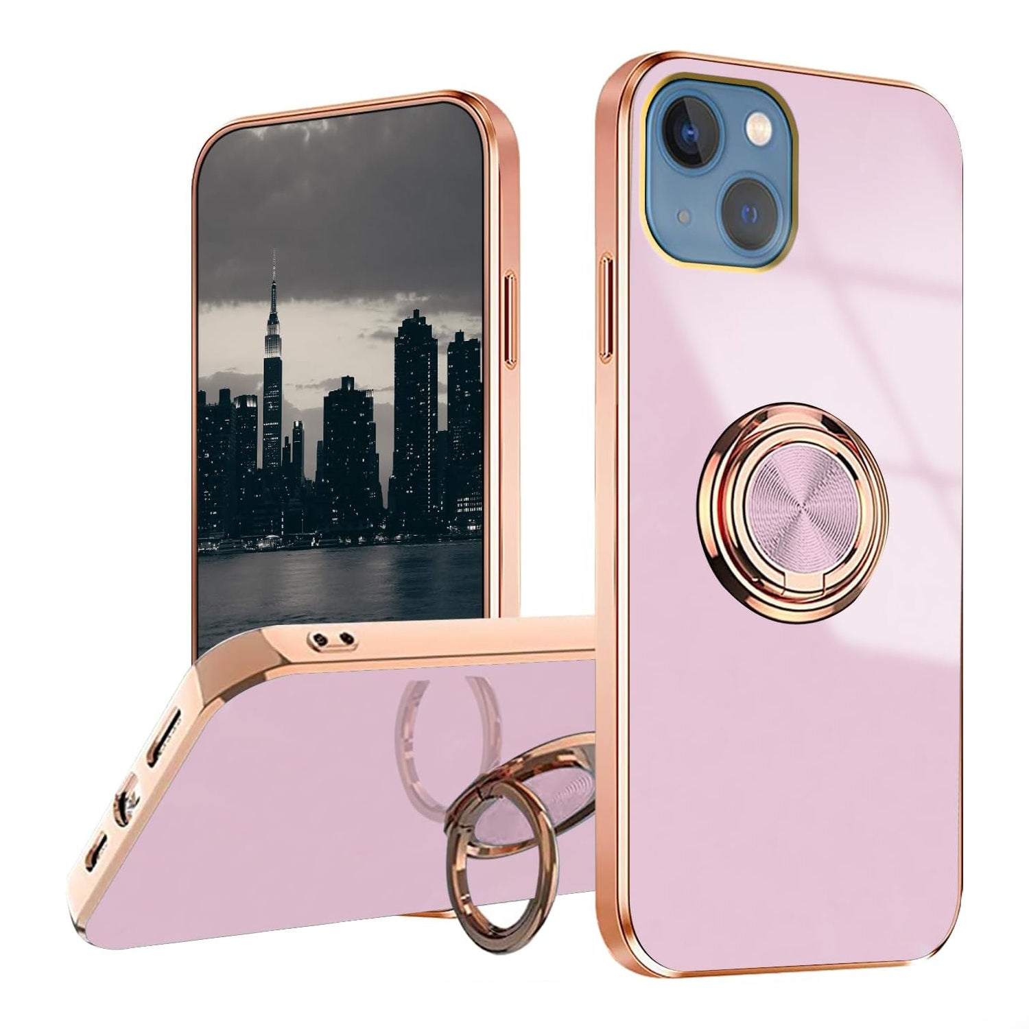 PhoneBits Luxury Soft Silicone Magnetic iPhone Case with Ring Holder & Gold Plated Camera/ Screen Edges, TPU Protective Shockproof iPhone Ring Holder Case Compatible with Magnetic Car Mount, Mobile Phone Case with Stand, Back iPhone Holder Case Cover