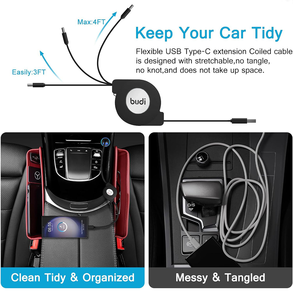 Budi USB C to Lightning Charger Retractable Cable, PD Type C to Lightning Cable, Fast Phone Charging & Data Cable, USB C to iPhone Charging Adapter Cable, USB C to Lightning Charger Cord & Data Sync Cable for iPhone