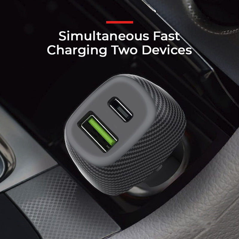 30W Fiber Carbon Design In-Car Charger With USB-A and USB-C Ports