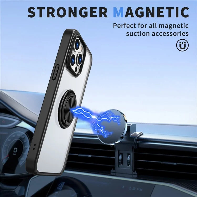 PhoneBits Protective TPU & Acrylic Transparent Magnetic iPhone Case with Holder & Chromed Camera Edge, Shockproof Crystal-Clear iPhone Ring Holder Case Compatible with Magnetic Car Mount, Mobile Phone Case with Stand, Back iPhone Holder Clear Case Cover