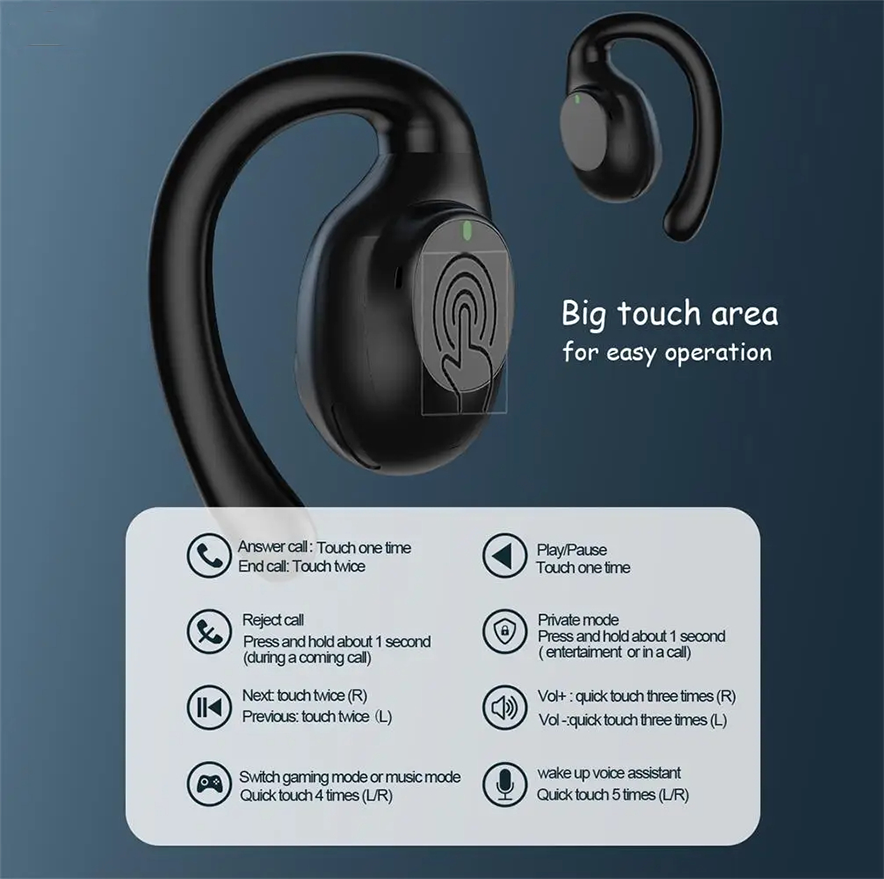 Budi True Wireless Bluetooth HD Stereo-Bas Open-Ear-oordopjes met ingebouwde microfoon