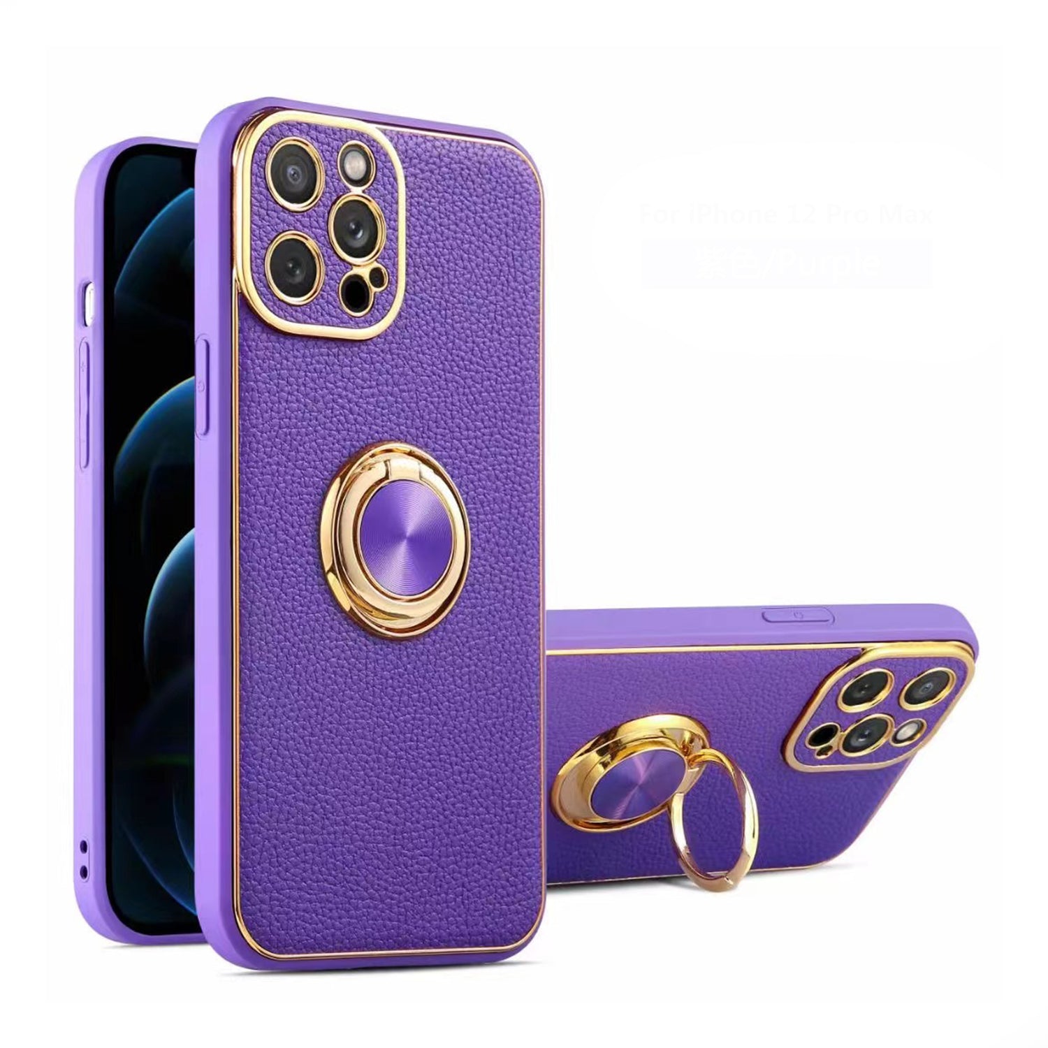 PhoneBits Luxury PU Leather Magnetic iPhone Case with Holder & Camera Lens Protection, Protective Shockproof iPhone Ring Holder Case Compatible with Magnetic Car Mount, Mobile Phone Case with Stand, Back iPhone Holder Case Cover