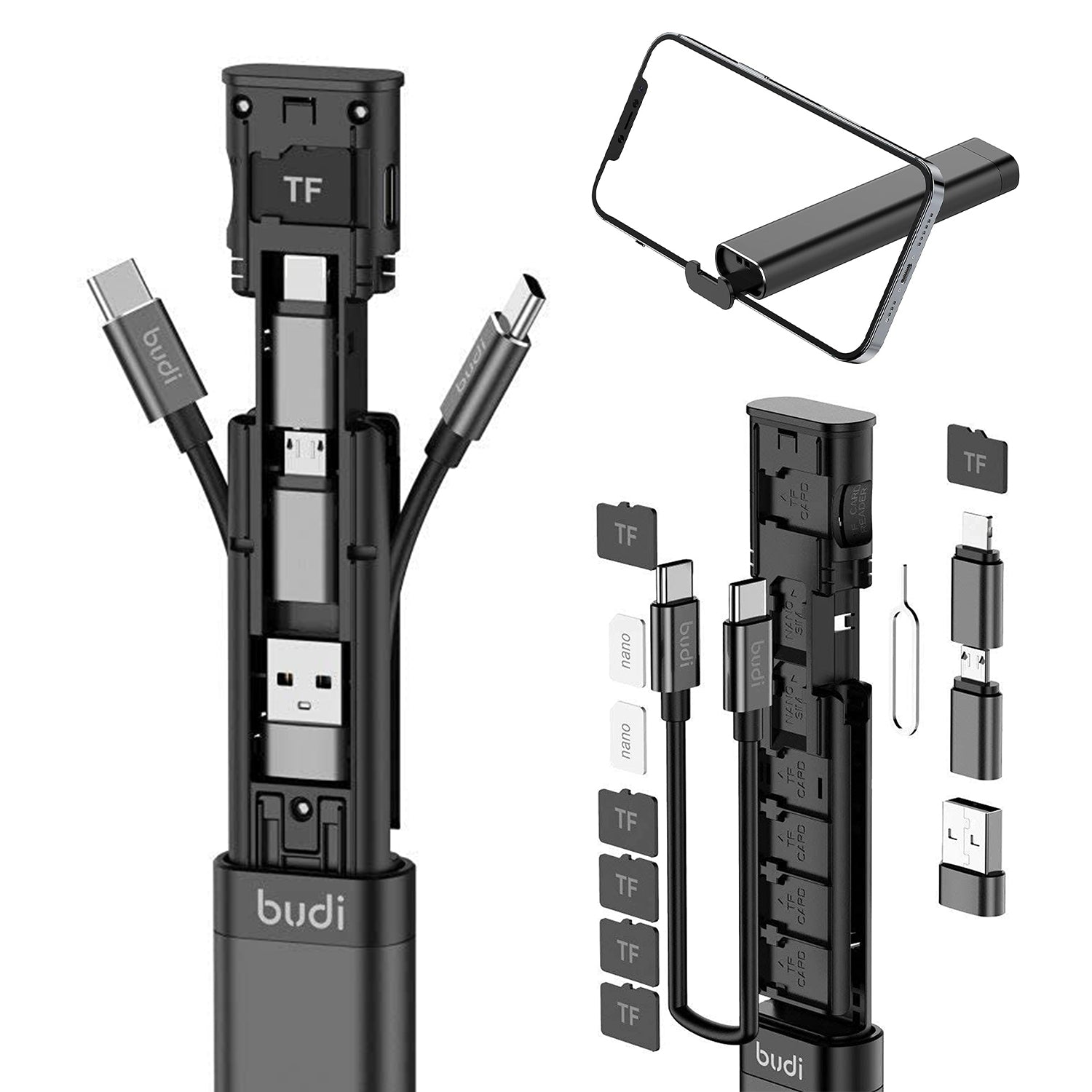 Budi 9 in 1 Essential Travel Charging & Data Sync Cable Stick, Travelling Stick with Phone Holder