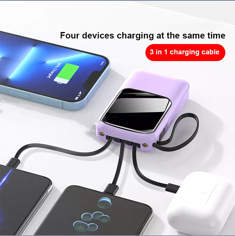 Tragbare Powerbank mit 10.000 mAh von PhoneBits, PD-Schnelllade-Powerbank mit 3 integrierten Kabeln (Typ C, Micro, Lightning), tragbare Lade-Powerbank mit digitaler LED-Anzeige und Gurt