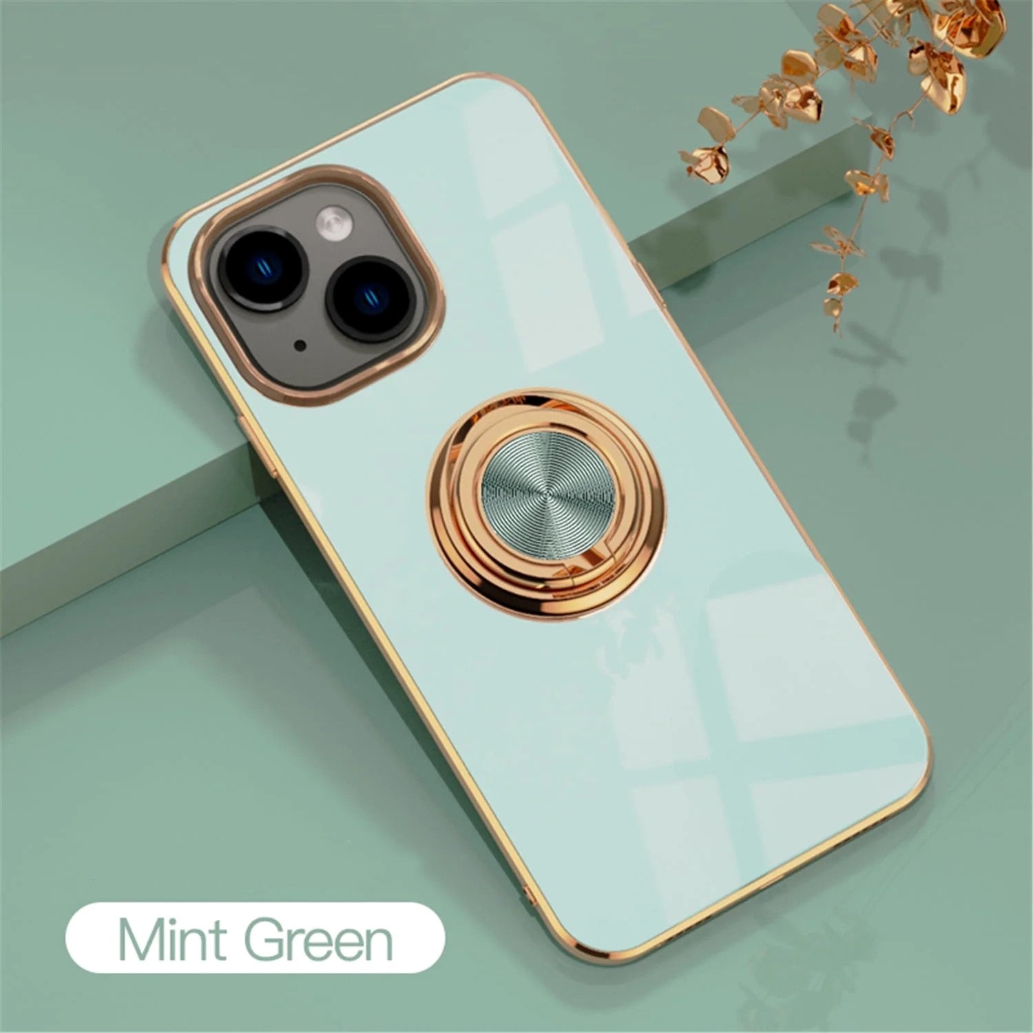 PhoneBits Luxury Soft Silicone Magnetic iPhone Case with Ring Holder & Gold Plated Camera/ Screen Edges, TPU Protective Shockproof iPhone Ring Holder Case Compatible with Magnetic Car Mount, Mobile Phone Case with Stand, Back iPhone Holder Case Cover