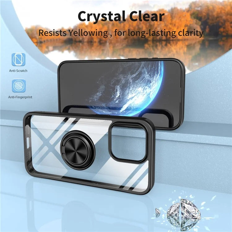 PhoneBits Protective TPU & Acrylic Transparent Magnetic iPhone Case with Holder & Chromed Camera Edge, Shockproof Crystal-Clear iPhone Ring Holder Case Compatible with Magnetic Car Mount, Mobile Phone Case with Stand, Back iPhone Holder Clear Case Cover