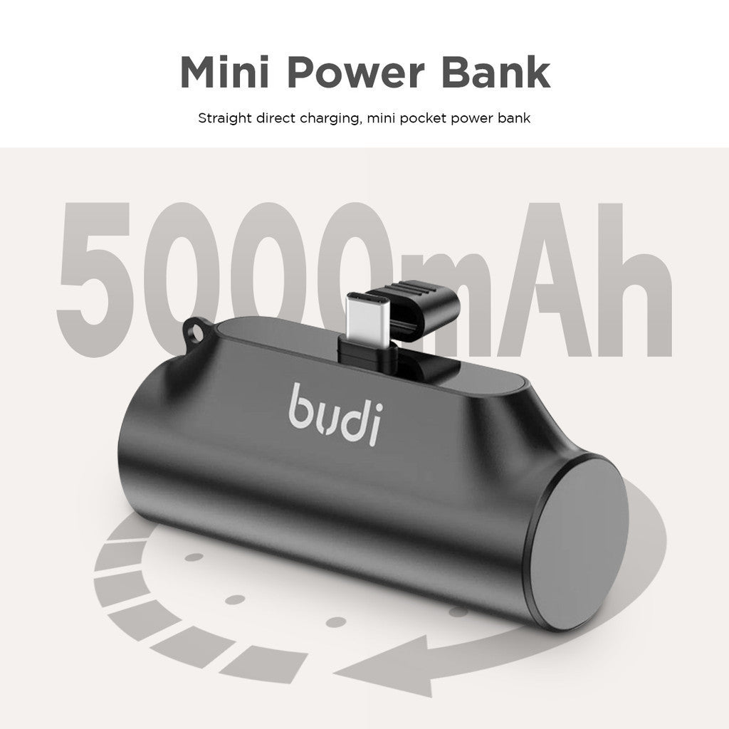 Budi Tragbare Powerbank 5000 mAh, tragbares Ladegerät, Powerbank mit integriertem Typ-C-Stecker und -Anschluss, schnell aufladbare USB-C-Powerbank mit Kontrollleuchte, Netzschalter, Halterung und Schlaufe für iPhone/Smartphone