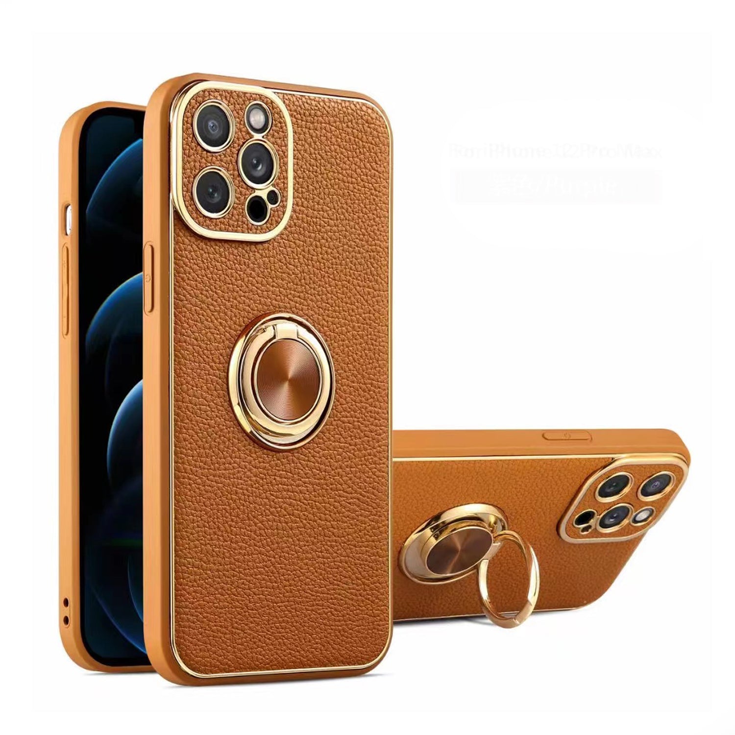 PhoneBits Luxury PU Leather Magnetic iPhone Case with Holder & Camera Lens Protection, Protective Shockproof iPhone Ring Holder Case Compatible with Magnetic Car Mount, Mobile Phone Case with Stand, Back iPhone Holder Case Cover